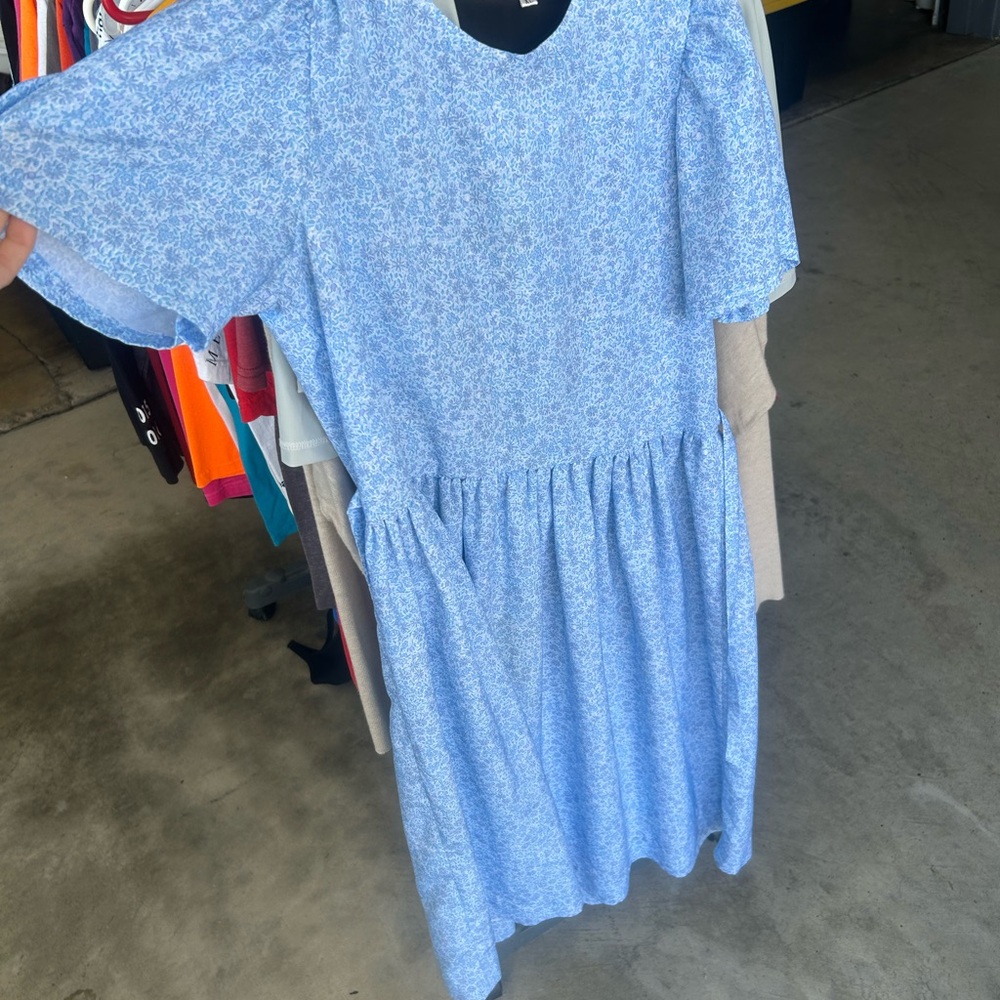 Elegant Blue Floral Midi Dress handmade Amish Style